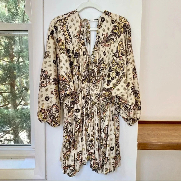 New Free People Arzel Mini Dress Long Sleeve Printed Tunic in Tea Combo XS - Picture 14 of 16
